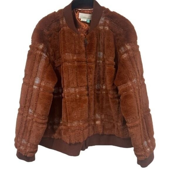 Anthropologie Plaid Teddy Bomber Jacket Rich Rust Cozy Soft Cabin Holiday 1X - Picture 7 of 13